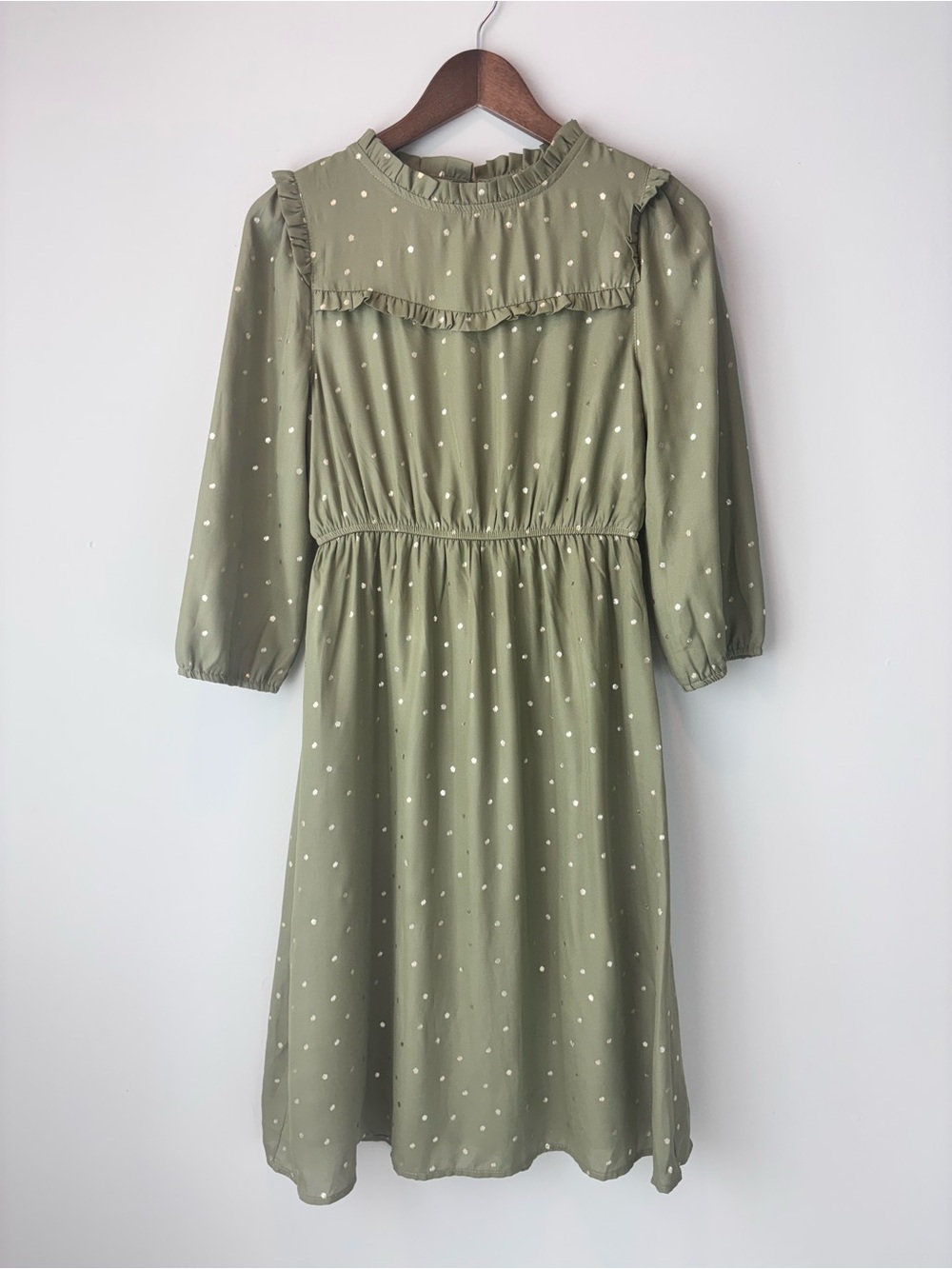 Polagram Sage Green Metallic Dot Ruffle Midi Dress Long Sleeve Cottagecore S